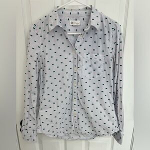 GAP Fitted Boyfriend Shirt Blue White Stripe Green Navy Tuft Accents Size S